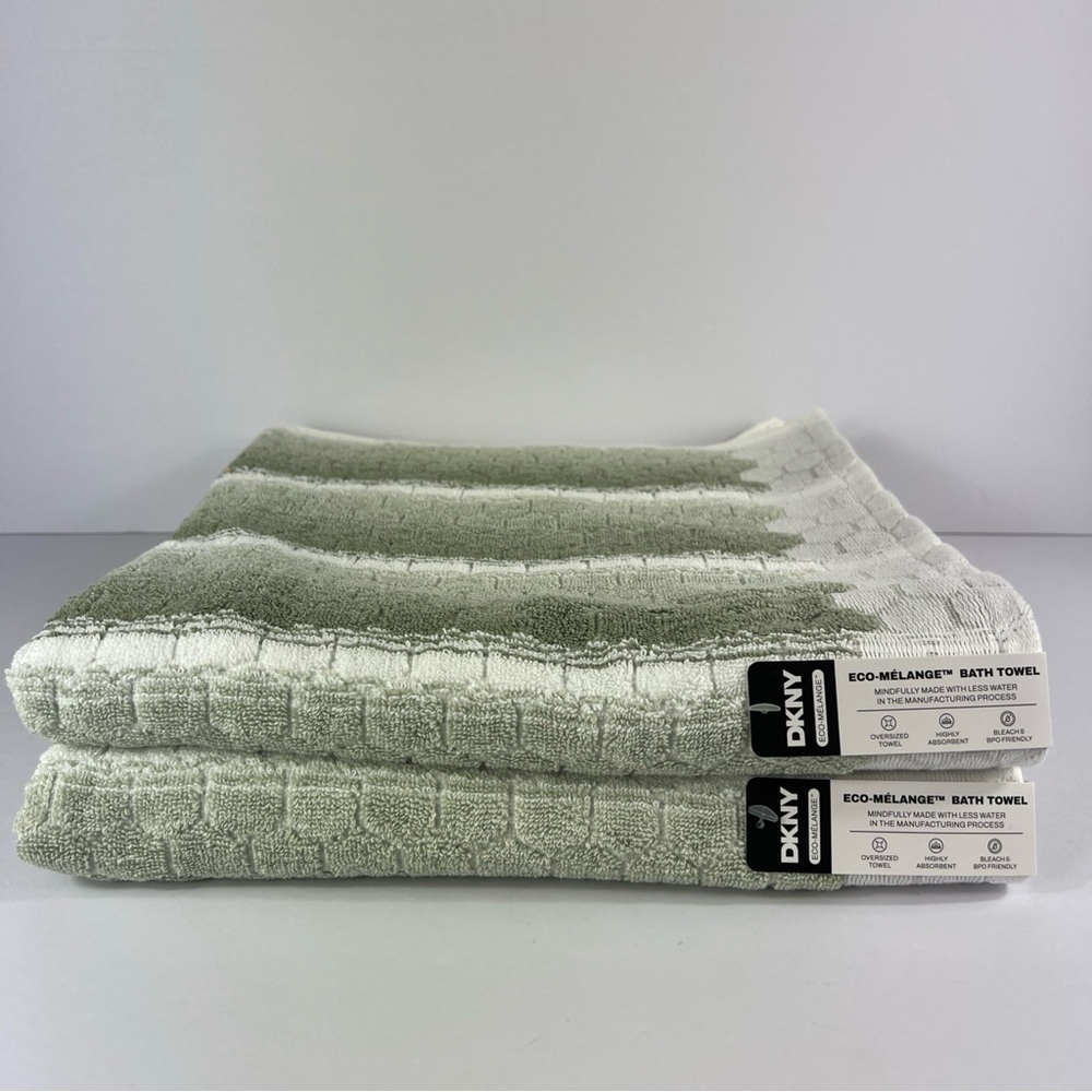 DKNY Eco-Melange Bath Towels Set of 2 Oversized Green White Striped Cotton NEW